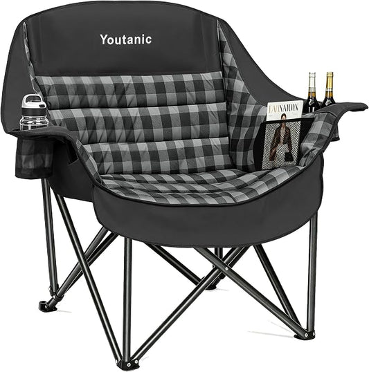 Youtanic Oversized Extra Large Padded Camping Chair, Heavy Duty 400 lbs Foldable Lawn Chair, Ergonomic Outdoor Seat with Plaid Design, Cup Holders & Storage Pockets for Fishing, Sports, Black