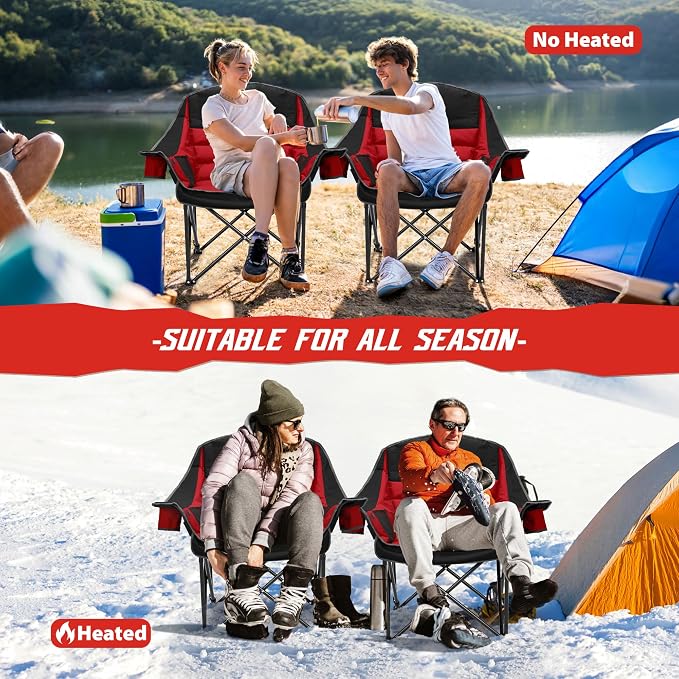 Youtanic Oversized Extra Large Heated Padded Camping Chair up to 500lbs, 3 Heat Levels Camp Chair with Carry Bag, Outdoor Heating Folding Chairs for Adults, Fishing, Sports, Picnic, Red-Black