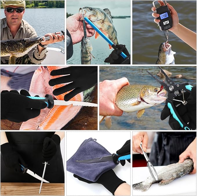 RoundFunny 14 Pcs Fishing Tool Kit, Fillet Knife, Fishing Pliers with Lanyard, Digital Scale, Lip Gripper, Hook Remover Fish Scaler Braid Scissors Gloves Sharpening Rod Retractor Towel Bag