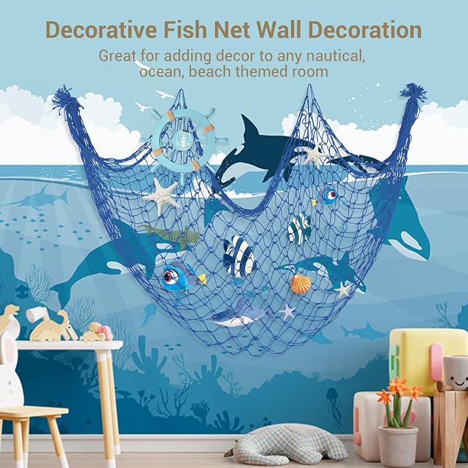 2 Pack Fish Net Decorations, 80x40 Inch Haze Blue Fishing Net Decor for Under The Sea Hawaiian Beach Them Party, 3mm Thick Natural Cotton Versatile Nautical Netting for Party Wall Table Ceiling Decor