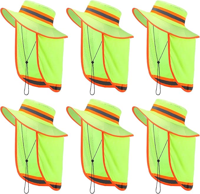 6 Pcs Reflective Safety Hat High Visibility Neck Flap Boonie Hat Wide Brim Work Hats Breathable Bucket Cap for Worker
