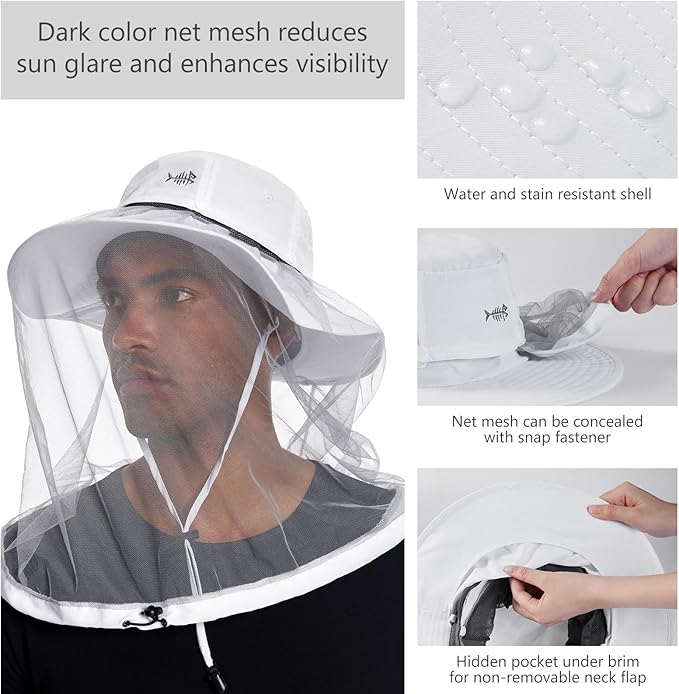 BASSDASH UPF 50+ Mosquito Sun Hat with Hidden Head Net and Neck Flap for Men Women Outdoor Fishing Hiking Camping