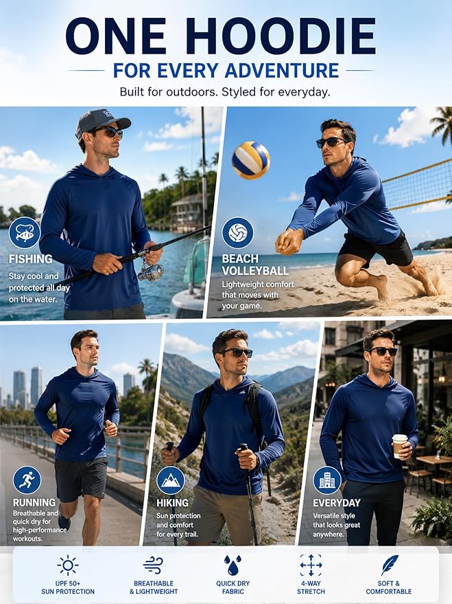 ZITY 3 Pack Men's Sun Protection Hoodie Shirt Fishing Shirts for Men UPF 50+ Long Sleeve Shirt Lightweight Rash Guard