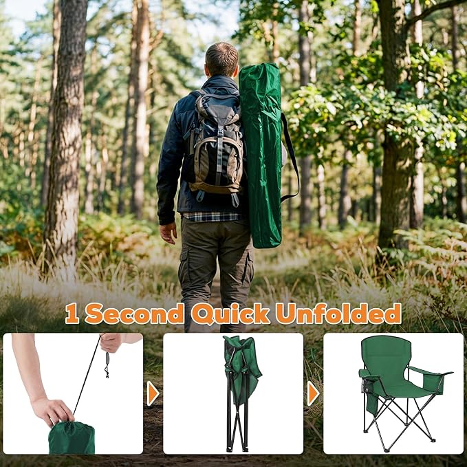 Romswi 2 Pack Camping Chairs Support 400LBS, Heavy Duty Folding Chair with 4-Can Cooler Bag, Portable Outdoor Chair with Cup Holder for Lawn, Beach, Fishing, Green