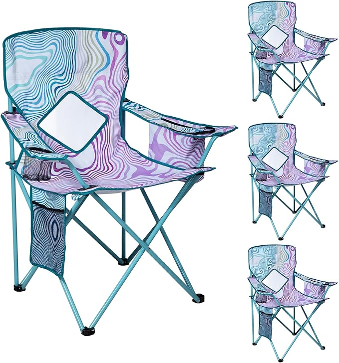 Nazhura 4 Pack Folding Camping Chair with Cooler Pouch, Mesh Backrest and Cup Holder Pocket (Flower, 4 Pack)