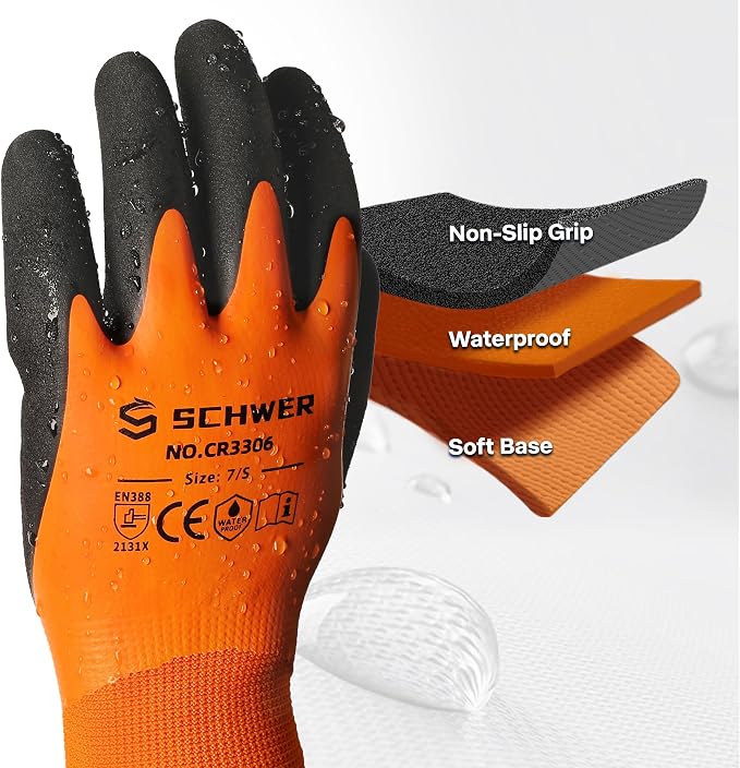 Schwer 2 Pairs Waterproof Work Gloves for Men and Women CR3306, Gardening Gloves with Double Latex Coated, Non-slip Working Gloves, Outdoor Construction, Car and Fish Cleaning, No Fleece Lining, M
