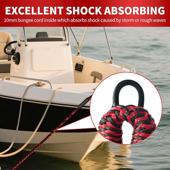 Bungee Dock Line with Stainless Steel Clip – Boat Dock Rope with Foam Float for Kayak, Canoe, Pontoon, Watercraft, SeaDoo, Docking – 4–5.5 ft, 2 Pack（Red&Black）