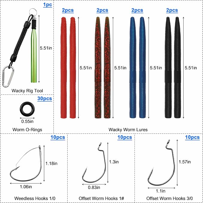 Wacky Rig Kit for Bass Fishing, 70pcs Wacky Worm Kit with Wacky Hooks, O-Rings, Wacky Tool, Soft Stick Worms and Tackle Box, Bass Fishing Lures for Largemouth and Smallmouth Bass