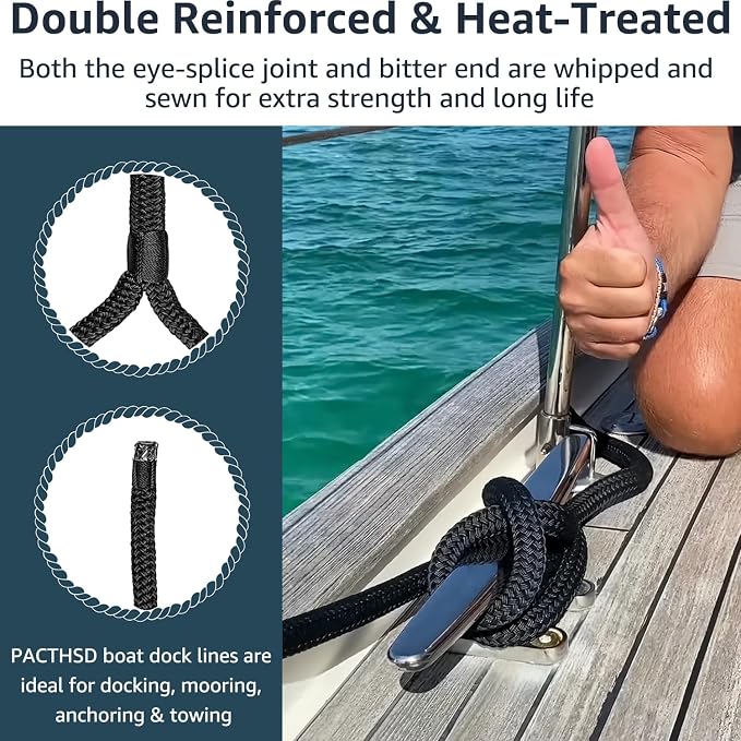 2 Pack 1/2" x 20' Dock Lines - Marine Grade Nylon Boat Rope with 12" Loop for Docking and Mooring - Double Braided Boat Lines, High Strength, Easy Handling, Fray Resistant - Black