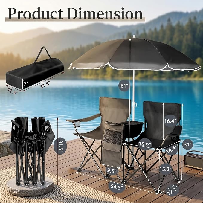 Double Folding Camping Chair with Removable Sun Umbrella and Cooler Bag, 2 Person Portable Picnic Chair for Beach, Patio, Fishing and Tailgating, 600D Oxford Fabric, Black (Black)