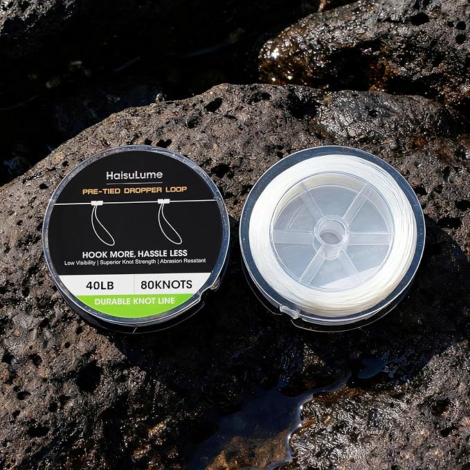 Pre-Tied Dropper Loop Knots Fishing Line, 80 Knots Monofilament Leader with 5.5" Loop Diameter & 18" Spacing, Saltwater & Freshwater Fishing Knots Line for Sea Bass, Snapper, Cod