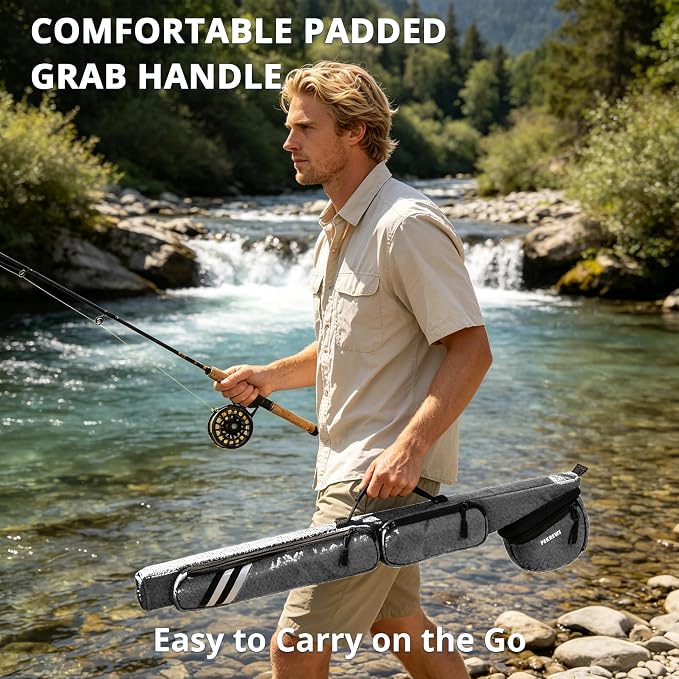 PEKREWS Fly Rod Case, 30.5" Fishing Rod Bag Fit 9' 4-Piece Fly Rod and Reel with 2 Side Pockets, Padded Reel Pouch, Shoulder Strap, Portable Travel Fly Rod Tube, Fishing Pole Holder For Angler, Grey