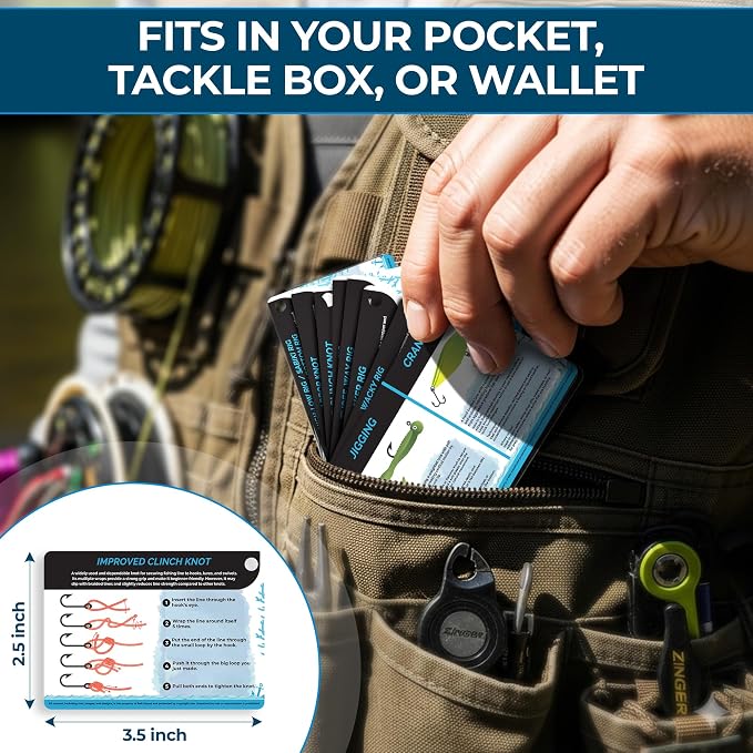 Fishing Knots Pocket Guide – Waterproof Fishing Knot Guide Card with 20 Essential Knots and Rigs – 2.5" x 3.5" Durable Quick Reference – Perfect Pocket Guide Fishing Gift for Anglers