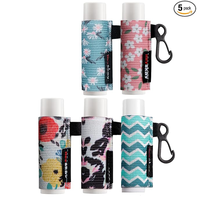 HEYSKAY 5pcs Lip Balm Holder Keychain Lipstick Sleeves Chapstick Lip Gloss Holder Keychain Elastic Sleeves for Men Women(Wave/Flower/Leo)