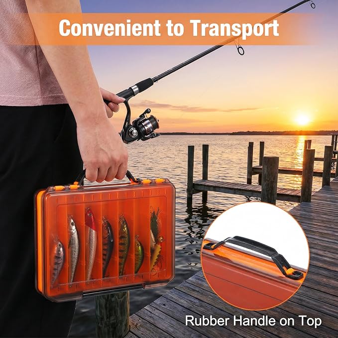 3 Pack Double Sided Fishing Lure Tackle Box, 14 Compartments Clear Plastic Storage Case Organizer, Visible Hard Bait Container for Lures and Jewelry Beads Earring Hook (3 Color)