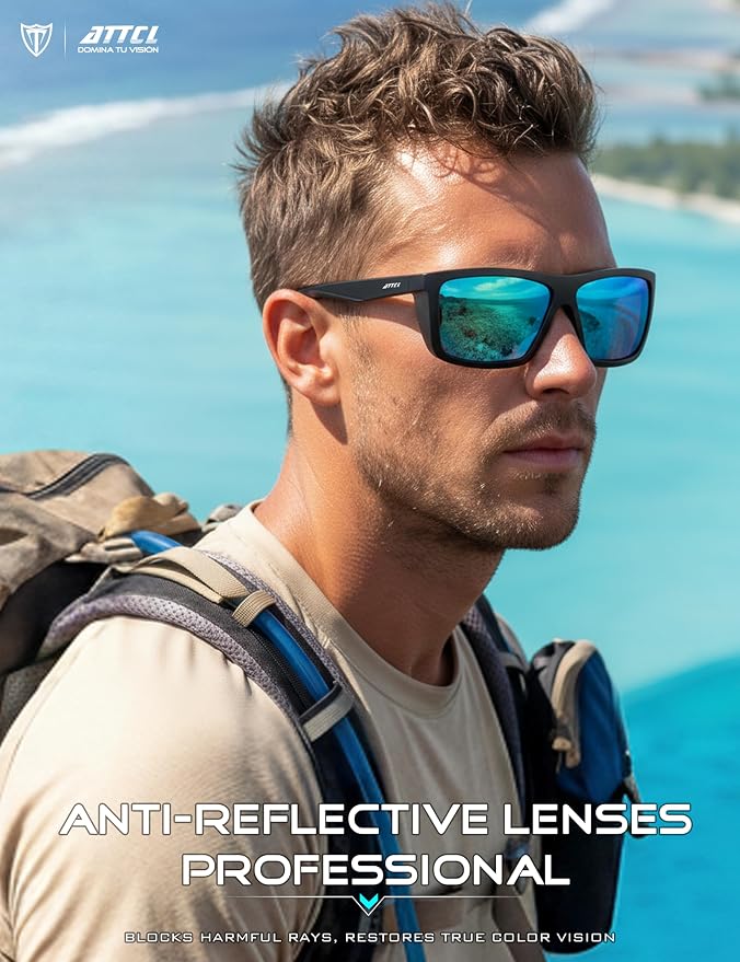 ATTCL Sports Polarized Sunglasses for Men: Secure Anti-Slip Lightweight TR90 Square Frame UV Protection for Driving Fishing