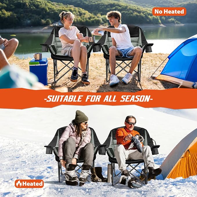 Youtanic Oversized Extra Large Heated Padded Camping Chair up to 500lbs, 3 Heat Levels Camp Chair with Carry Bag, Outdoor Heating Folding Chairs for Adults, Fishing, Sports, Picnic, Black-Gray