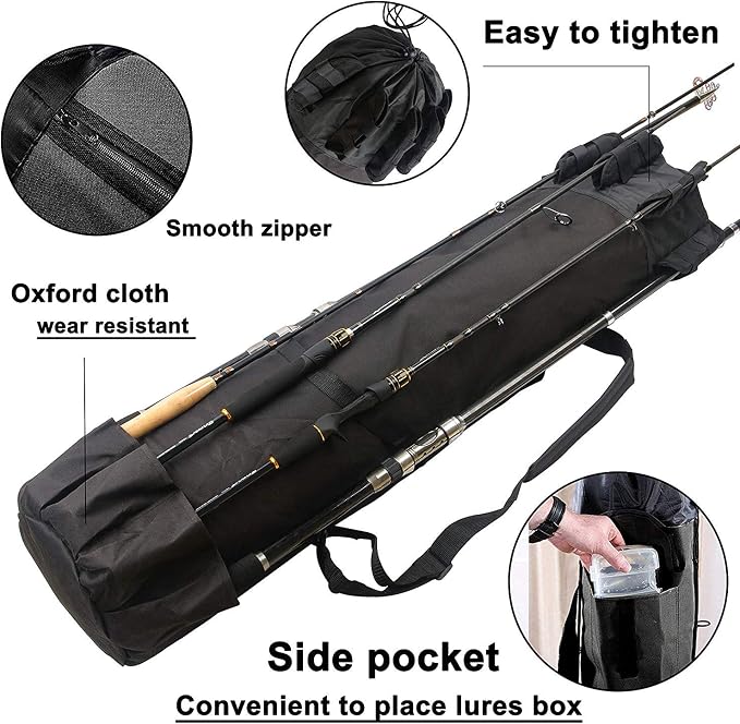 Multifunction Fishing Pole Bag - Waterproof Rod Reel Bag Carrier Case, Durable Canvas Tackle Large Storage Gift for Men Travel, Black