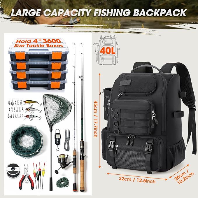 RAINSMORE Fishing Backpack with Rod Holders & Cooler 40L Water Resistant Tackle Backpack with Rain Cover Store Fishing Gear