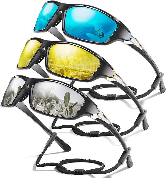 3 Pack Polarized Sports Sunglasses for Men, Mens Sunglasses Wrap Around UV Protection for Cycling Fishing Driving