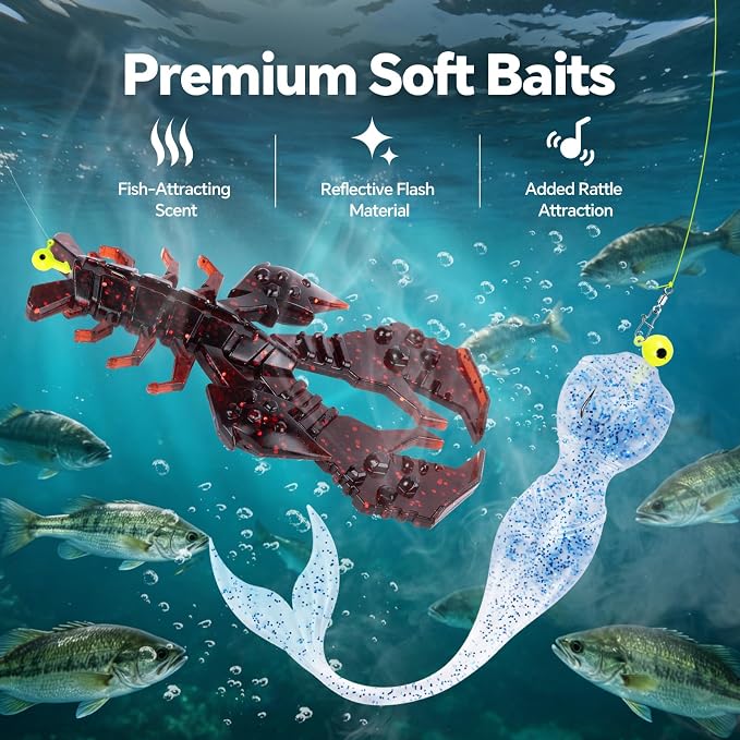 Bass Fishing Lures Kit, Freshwater Fishing Tackle Box with Soft Plastic Baits, Crawfish Lures, Swimbaits, VIB Lure, Jig Heads & Texas Rig Accessories