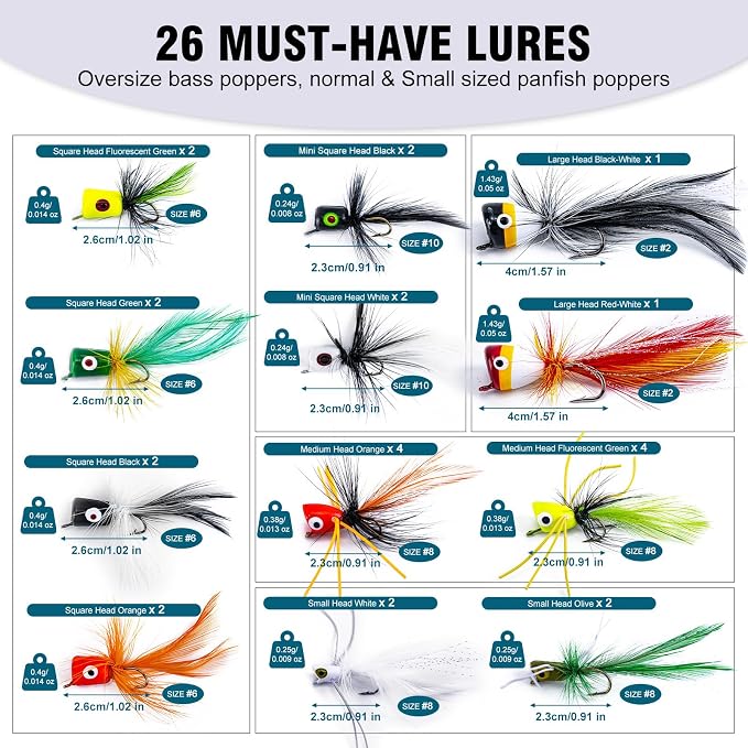 Goture Fly Fishing Poppers Lures, Topwater Popper Flies Bugs Lure, Fly Fish Poppers Fishing Lures Kit, Dry Flies for Panfish Bluegill Crappie Sunfish Bass Trout Salmon