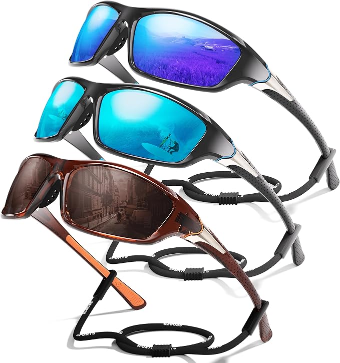 3 Pack Polarized Sports Sunglasses for Men, Mens Sunglasses Wrap Around UV Protection for Cycling Fishing Driving