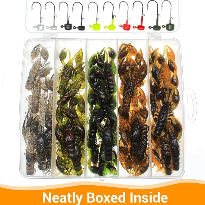 Soft Plastic Crawfish Lures Kit with Jig Heads, 25pcs/60pcs Creature Baits Fishing Lure Set for Bass Trout Pike Freshwater Fishing