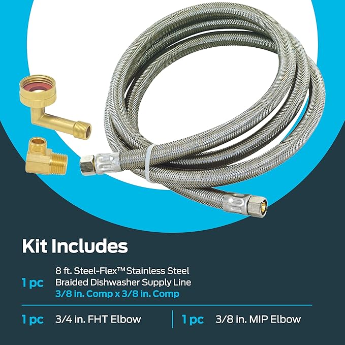Eastman 8 Ft. Dishwasher Installation Kit, Braided Stainless Steel Supply Line with 3/8 Inch Compression Ends, 41059