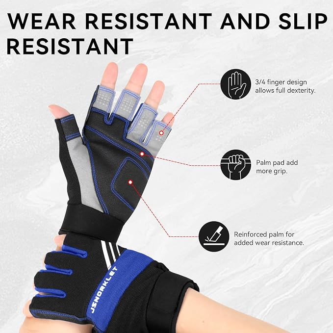 Kayaking Gloves 3/4 Finger Padded Palm Fingerless Gloves for Men Women Youth, with Resistant Palm and Grip, Easy to Take on and Off, for Sailing, Paddling, Kayaking, Fishing, Water Sports