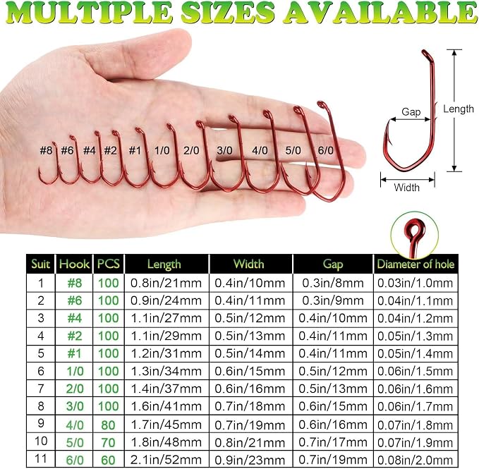 LUCKYFISHING Baitholder Fishing Hooks Saltwater Freshwater 100/80/70/60pcs Professional V Bait Holder Hooks for Bass Trout Crappie Soft Live Baits Black Red with Size 1 2 4 6 8 1/0-6/0