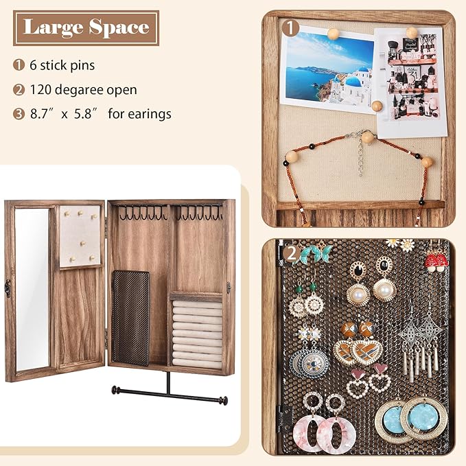 Keebofly Wall Mounted Jewelry Organizer Box Rustic Wood Large Space Jewelry Cabinet Holder Jewelry Storage Box for Necklaces, Earrings, Bracelets, Ring Holder, and Accessories (Carbonized Black)