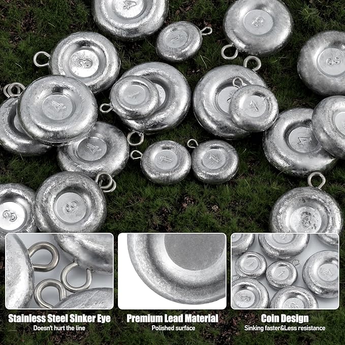 Dr.Fish Fishing Coin Sinkers Lead Fishing Weights Disc Weights No Roll Freshwater Saltwater River Bank Surf Fishing Catfishing