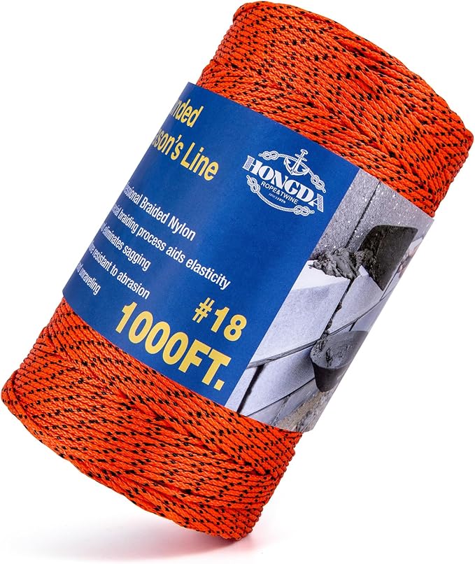 HONGDA Professional Masonry String Lines, 1000 Feet #18 Bonded Braided Nylon Mason Line, Durable and Versatile String for Masonry, Construction, Gardening, and DIY Projects, Fluorescent Orang
