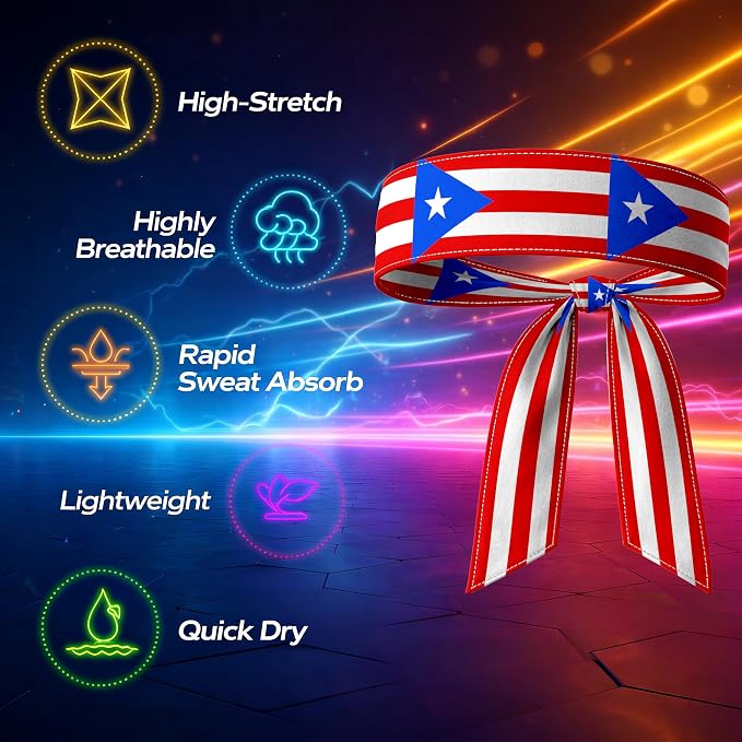 Tie Headband for Women & Men, Flag Patterned Sports Sweatband Head Wrap, Hair Bandana Accessory, 40" x 2.4"