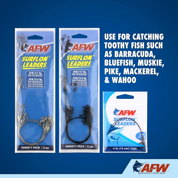 AFW Surflon Fishing Leaders – Black Nylon Coated Stainless Steel Wire, Swivel & Snap, 3 Pack, Variety Pack – Strong Leader Line for Catfishing & Toothy Game Fish