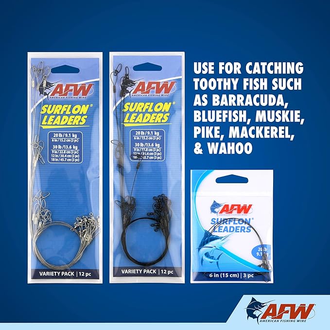 AFW Surflon Fishing Leaders – Black Nylon Coated Stainless Steel Wire, Swivel & Snap, 3 Pack, Variety Pack – Strong Leader Line for Catfishing & Toothy Game Fish