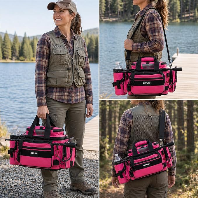 Goture Fishing Tackle Bag with 4 Tackle Boxes, Soft Side 600D Water-Resistant Cross Body Sling Fishing Bag with Rod Holder, Small Saltwater Gear Storage Tactical Bags, Gifts for Men/Women