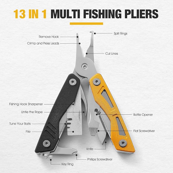 VIRENKNIFE Multitool,13-in-1 Stainless Steel Multi Tool Pliers with Pocket Knife,Bottle Opener，Screwdriver，Perfect for Camping, Outdoor and Everyday Use,Gifts for Men Dad（Black & Yellow）