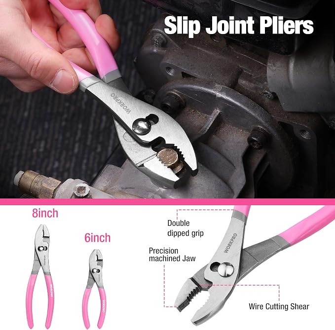 WORKPRO 7-piece Pliers Set with Groove Joint, Long Nose, Slip Joint, Linesman, and Diagonal Pliers for DIY & Home Use - Pink Ribbon