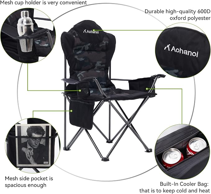 Aohanoi Camping Chairs for Heavy People,Outdoor Folding Camp Chairs for Adults with Cup Holder & Cooler Bag for Outside,Outdoor Lawn Chairs Supports Up to 400lbs
