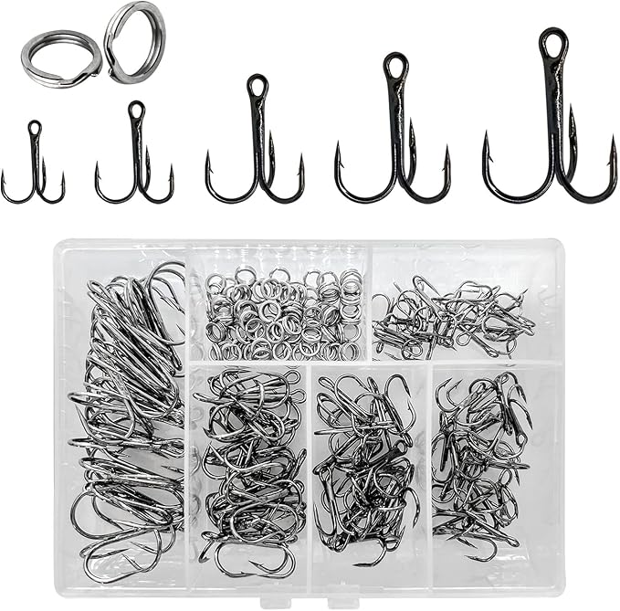 200 Pack Fishing Treble Hooks Kit High Carbon Steel Hooks Strong Sharp Round Bend with Split Rings for Lures Baits Saltwater Freshwater Fishing Size 2# 4# 6# 8# 10#
