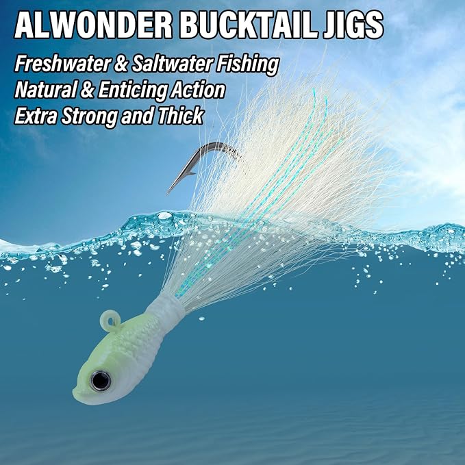 Alwonder 5-Pack Bucktail Jigs Hair Jigs Saltwater Freshwater Fishing Bucktail Lures Surf Fishing Jig Heads White Luminous Chartreuse Swimbait Jig for Bass Flounder Striper Bluefish Halibut Redfish