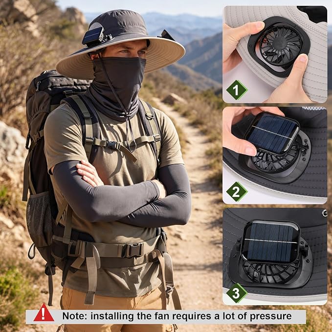 Syhood Solar Powered Fan Hat Neck Gaiter Arm Sleeves Sun Bucket Hat with Fan Cooling Wide Brim Hats for Fishing Hiking