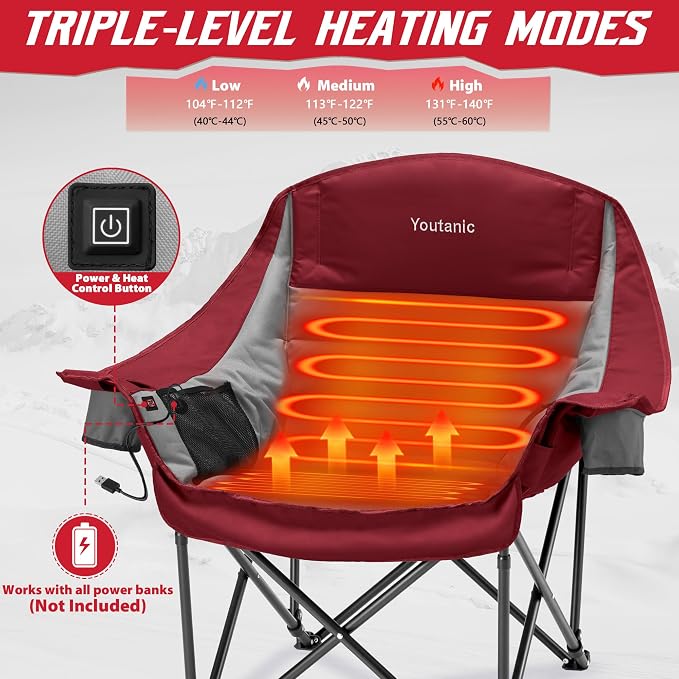 Youtanic Oversized Extra Large Heated Padded Camping Chair up to 500lbs, 3 Heat Levels Camp Chair with Carry Bag, Outdoor Heating Folding Chairs for Adults, Fishing, Sports, Picnic, Gray-Red