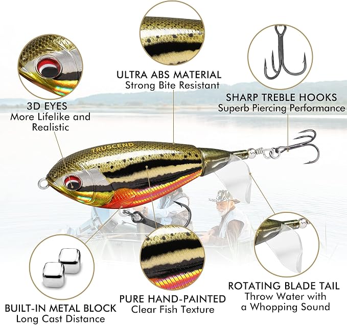 TRUSCEND Popobait Easy Catch Fishing Lures with BKK Hooks, Instant Startup, Longer Cast, Balanced Spray/Sound/Swim, Plopper Topwater Lures for Bass, Trout, Pike, Walleye, Freshwater Saltwater Fishing