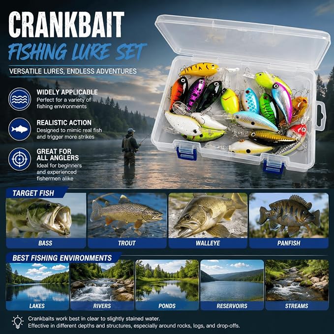 Crankbaits for Bass Fishing 17 PCs, Fishing Lures with Storage Box, 3.94" Deep Diving Crank Baits, Fishing Gifts for Men Freshwater Saltwater