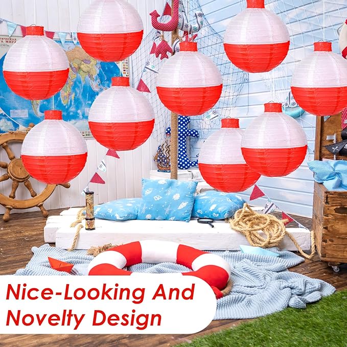 12 Pcs Fishing Bobber Lanterns, 8 Inch Hanging Fishing Bobber Paper Lantern Round Red and White Hanging Lanterns for Fishermen Themed Party, Festivals, Birthday Decor