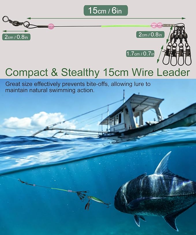 Fishing Wire Leader 15cm Stainless Steel Anti-bite Trace with 3 Pink UV Luminous Beads & Glow Tube - 20pcs Heavy Duty Steel Leaders for Pike, Mackerel, Musky, Shark - Saltwater Fishing Tackle