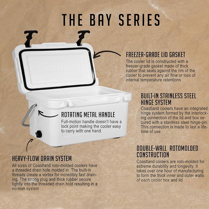 Coastland Bay Series Cooler Premium Everyday Use Insulated Rotomolded Cooler, Small Ice Chest for Tight Spaces, Soccer Games, & Tailgates